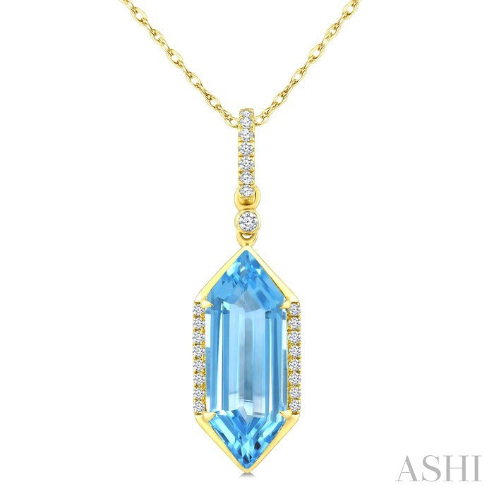16X6 MM Hexagon Shape Blue Topaz and 1/10 Ctw Round Cut Diamond Semi-Precious Pendant With Chain in 10K Yellow Gold