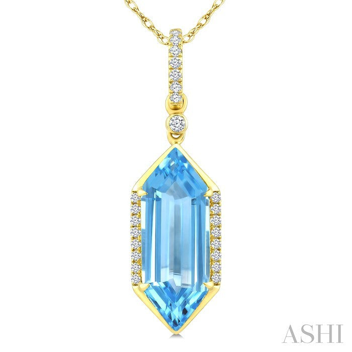 16X6 MM Hexagon Shape Blue Topaz and 1/10 Ctw Round Cut Diamond Semi-Precious Pendant With Chain in 10K Yellow Gold