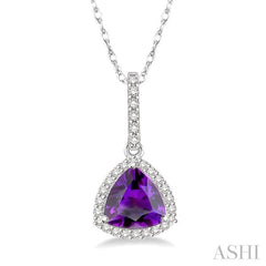 7x7 MM Trillion Cut Amethyst and 1/6 Ctw Round Cut Diamond Semi-Precious Pendant in 10K White Gold with chain