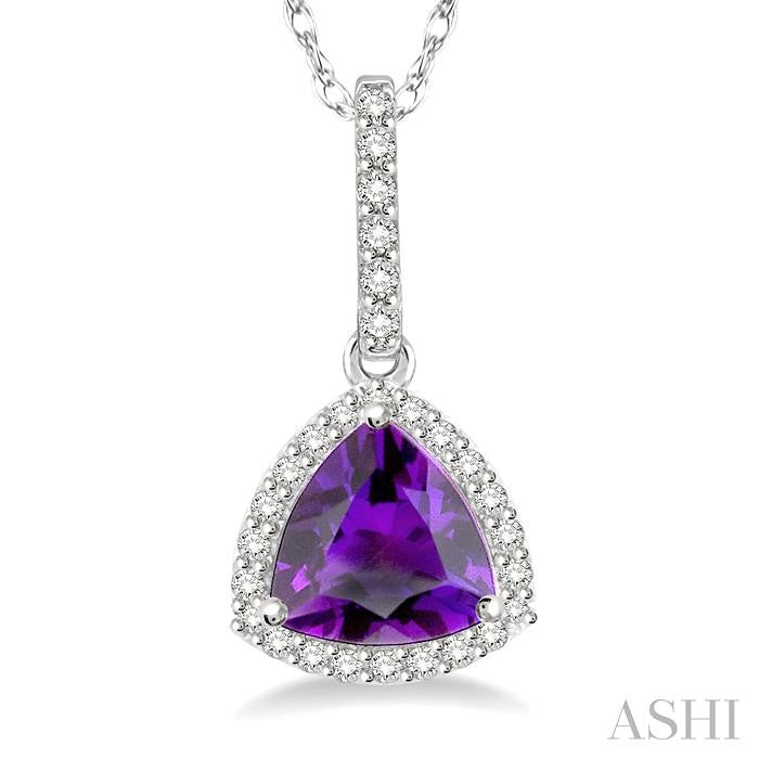7x7 MM Trillion Cut Amethyst and 1/6 Ctw Round Cut Diamond Semi-Precious Pendant in 10K White Gold with chain