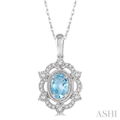 6x4 MM Oval Cut Aquamarine and 1/6 Ctw Round Cut Diamond Semi-Precious Pendant With Chain in 10K White Gold