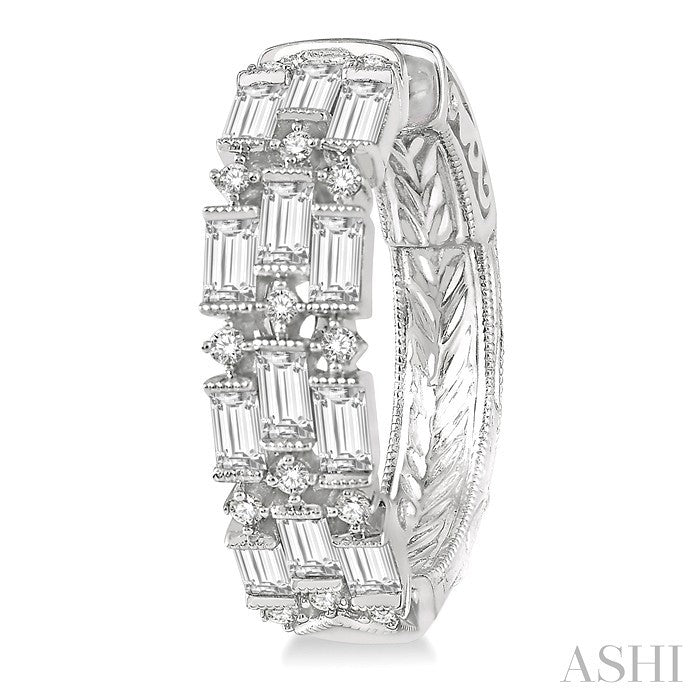 1 5/8 Ctw Triple Row Baguette and Round Cut Diamond Fashion Hoop Earrings in 14K White Gold