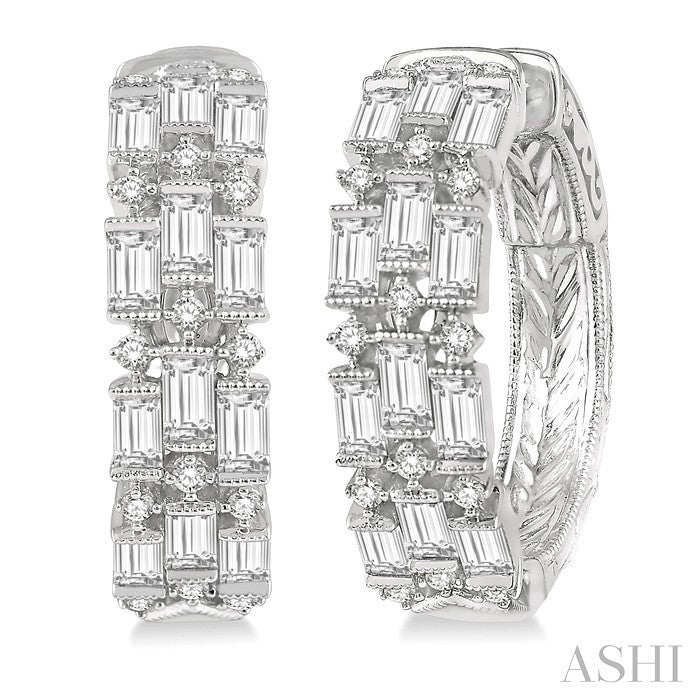 1 5/8 Ctw Triple Row Baguette and Round Cut Diamond Fashion Hoop Earrings in 14K White Gold