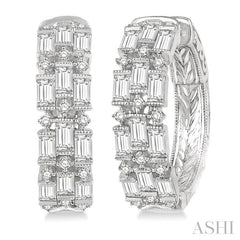 1 5/8 Ctw Triple Row Baguette and Round Cut Diamond Fashion Hoop Earrings in 14K White Gold