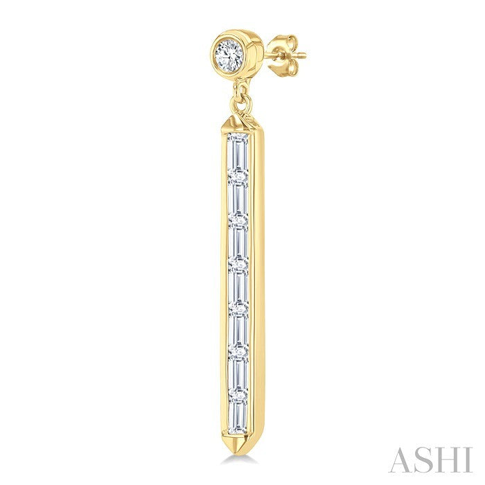 5/8 Ctw Vertical Bar Baguette and Round Cut Diamond Long Fashion Earrings in 14K Yellow Gold