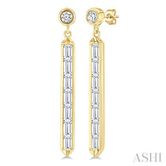 5/8 Ctw Vertical Bar Baguette and Round Cut Diamond Long Fashion Earrings in 14K Yellow Gold