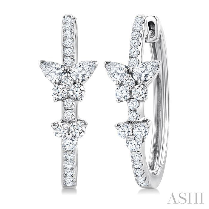 1 Ctw Butterfly Motif Round and Pear Cut Diamond Fashion Hoop Earrings in 14K White Gold