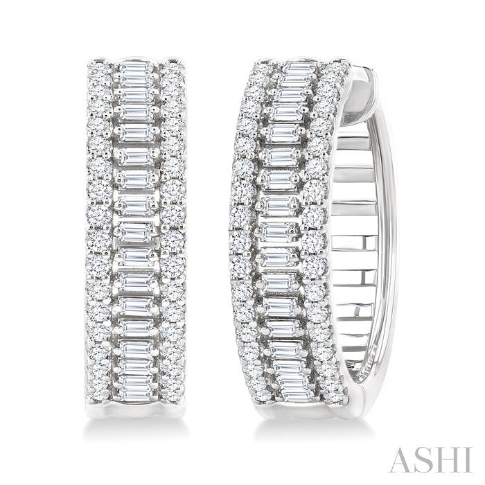 1 Ctw Baguette and Round Cut Diamond Fashion Huggies in 14K White Gold