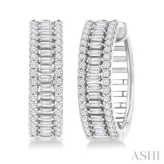 1 Ctw Baguette and Round Cut Diamond Fashion Huggies in 14K White Gold