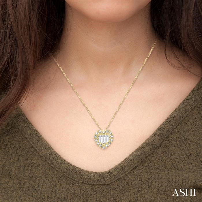 1/5 Ctw Heart Shape Baguette Center & Round Cut Diamond Pendant With Chain in 14K Yellow Gold