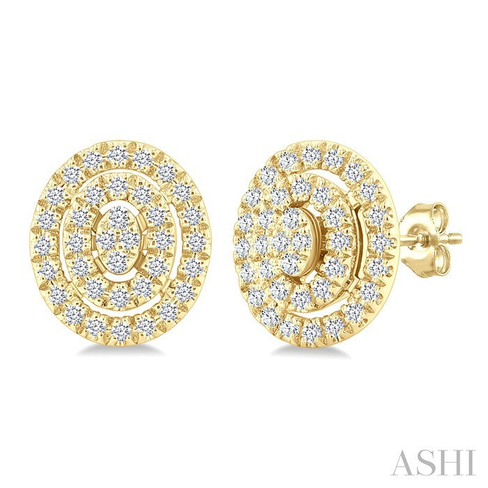 1/5 Ctw Double Halo Oval Shape Petite Round Cut Diamond Fashion Stud Earring in 10K Yellow Gold