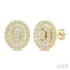 1/5 Ctw Double Halo Oval Shape Petite Round Cut Diamond Fashion Stud Earring in 10K Yellow Gold