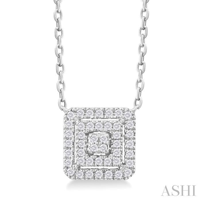 1/6 Ctw Double Halo Square Shape Petite Round Cut Diamond Fashion Pendant With Chain in 10K White Gold