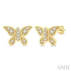 1/10 Ctw Petite Milgrain Butterfly Round Cut Diamond Fashion Stud Earring in 10K Yellow Gold