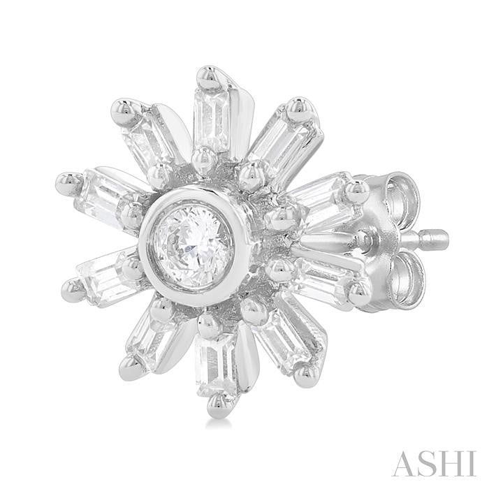1/4 Ctw Petite Wheel Baguette and Round Cut Diamond Fashion Stud Earring in 10K White Gold