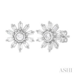 1/4 Ctw Petite Wheel Baguette and Round Cut Diamond Fashion Stud Earring in 10K White Gold