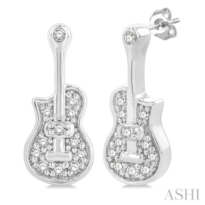 1/10 Ctw Petite Guitar Round Cut Diamond Fashion Stud Earring in 10K White Gold