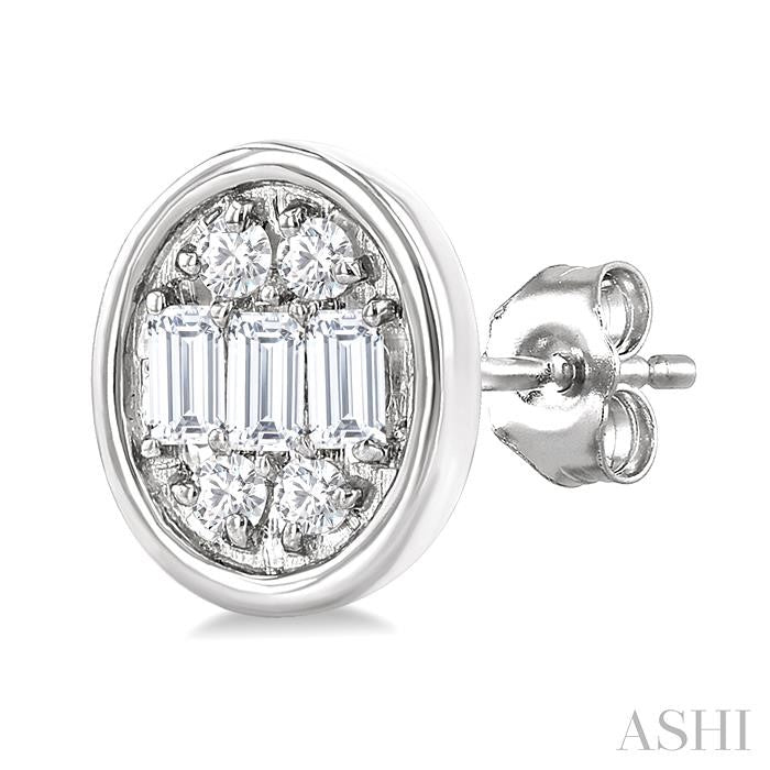 1/5 Ctw Petite Bezel Set Oval Shape Fusion Baguette and Round Cut Diamond Fashion Stud Earring in 10K White Gold