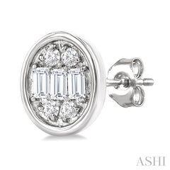1/5 Ctw Petite Bezel Set Oval Shape Fusion Baguette and Round Cut Diamond Fashion Stud Earring in 10K White Gold
