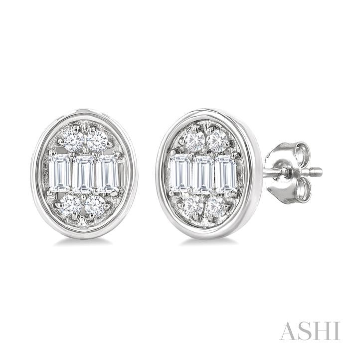 1/5 Ctw Petite Bezel Set Oval Shape Fusion Baguette and Round Cut Diamond Fashion Stud Earring in 10K White Gold