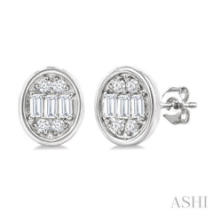 1/5 Ctw Petite Bezel Set Oval Shape Fusion Baguette and Round Cut Diamond Fashion Stud Earring in 10K White Gold