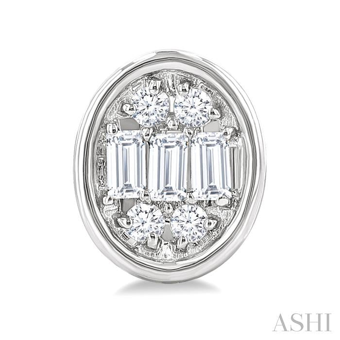 1/5 Ctw Petite Bezel Set Oval Shape Fusion Baguette and Round Cut Diamond Fashion Stud Earring in 10K White Gold