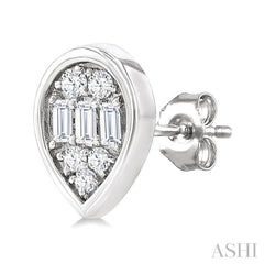 1/5 Ctw Petite Bezel Set Pear Shape Fusion Baguette and Round Cut Diamond Fashion Stud Earring in 10K White Gold