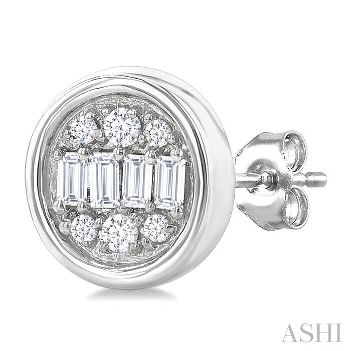 1/5 Ctw Petite Bezel Set Round Shape Fusion Baguette and Round Cut Diamond Fashion Stud Earring in 10K White Gold