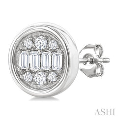 1/5 Ctw Petite Bezel Set Round Shape Fusion Baguette and Round Cut Diamond Fashion Stud Earring in 10K White Gold