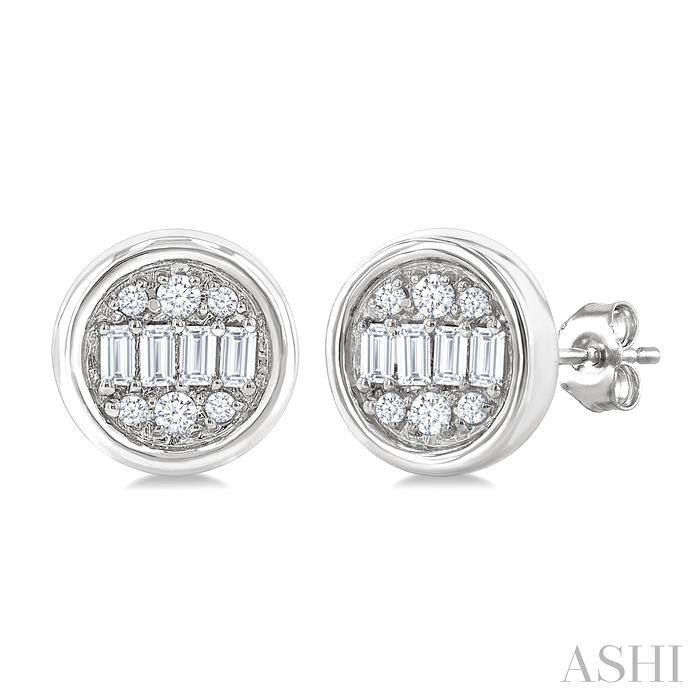 1/5 Ctw Petite Bezel Set Round Shape Fusion Baguette and Round Cut Diamond Fashion Stud Earring in 10K White Gold