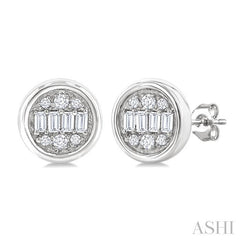 1/5 Ctw Petite Bezel Set Round Shape Fusion Baguette and Round Cut Diamond Fashion Stud Earring in 10K White Gold