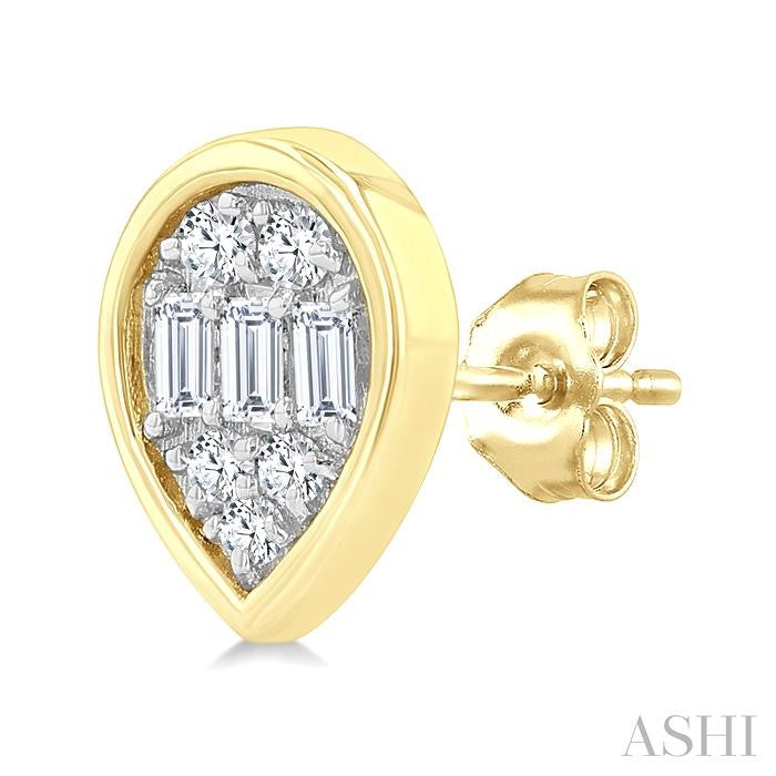 1/5 Ctw Petite Bezel Set Pear Shape Fusion Baguette and Round Cut Diamond Fashion Stud Earring in 10K Yellow Gold