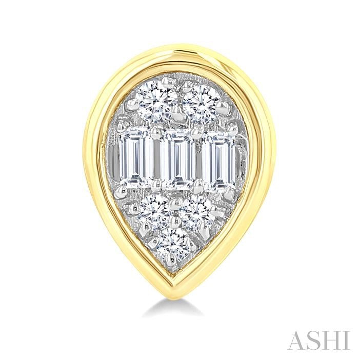 1/5 Ctw Petite Bezel Set Pear Shape Fusion Baguette and Round Cut Diamond Fashion Stud Earring in 10K Yellow Gold