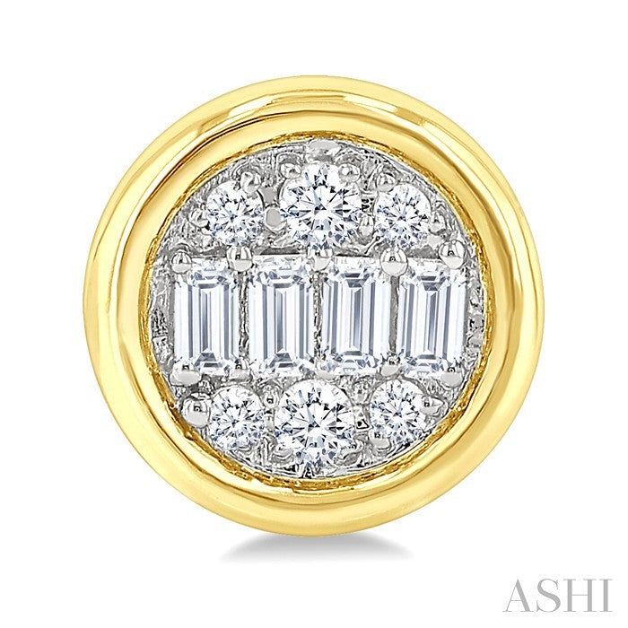 1/5 Ctw Petite Bezel Set Round Shape Fusion Baguette and Round Cut Diamond Fashion Stud Earring in 10K Yellow Gold