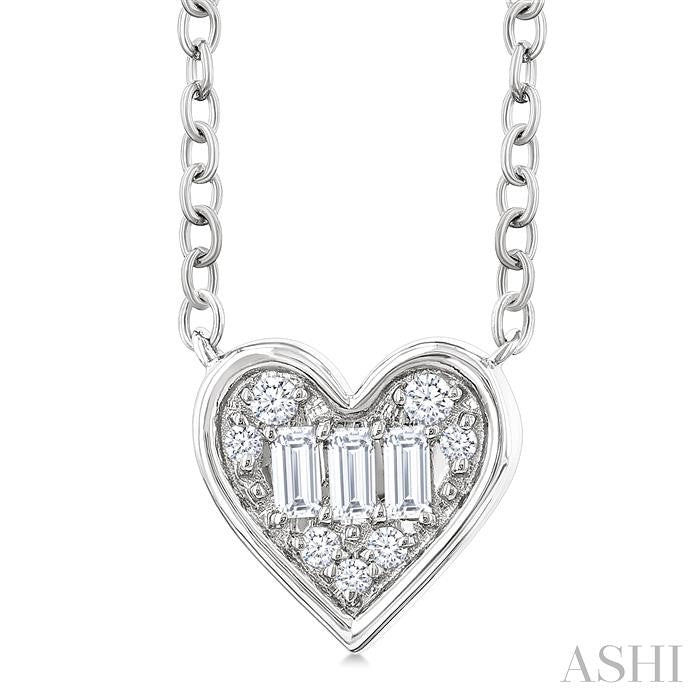 1/6 Ctw Petite Bezel Set Heart Shape Fusion Baguette and Round Cut Diamond Fashion Pendant With Chain in 10K White Gold