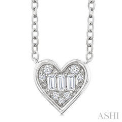 1/6 Ctw Petite Bezel Set Heart Shape Fusion Baguette and Round Cut Diamond Fashion Pendant With Chain in 10K White Gold