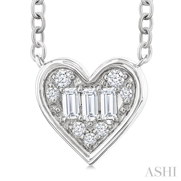 1/6 Ctw Petite Bezel Set Heart Shape Fusion Baguette and Round Cut Diamond Fashion Pendant With Chain in 10K White Gold