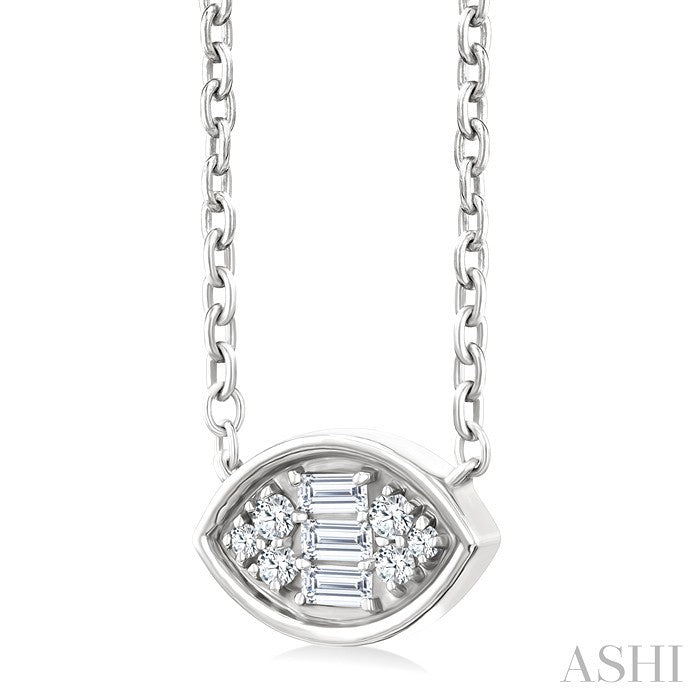 1/6 Ctw Petite Bezel Set East-West Marquise Shape Fusion Baguette and Round Cut Diamond Fashion Pendant With Chain in 10K White Gold