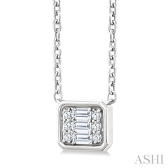 1/6 Ctw Petite Bezel Set East-West Emerald Shape Fusion Baguette and Round Cut Diamond Fashion Pendant With Chain in 10K White Gold