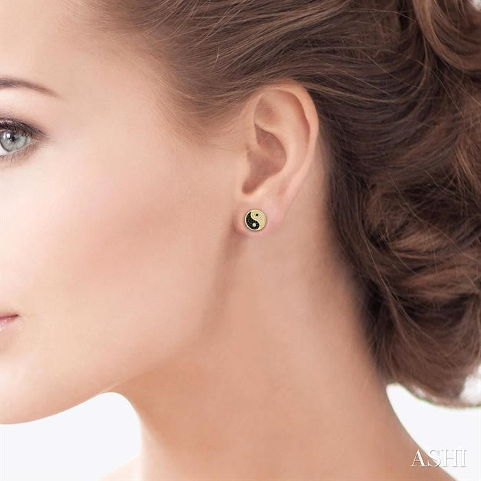1/4 Ctw Petite Tao Yin Yang Black and White Round Cut Diamond Fashion Stud Earring in 10K Yellow Gold