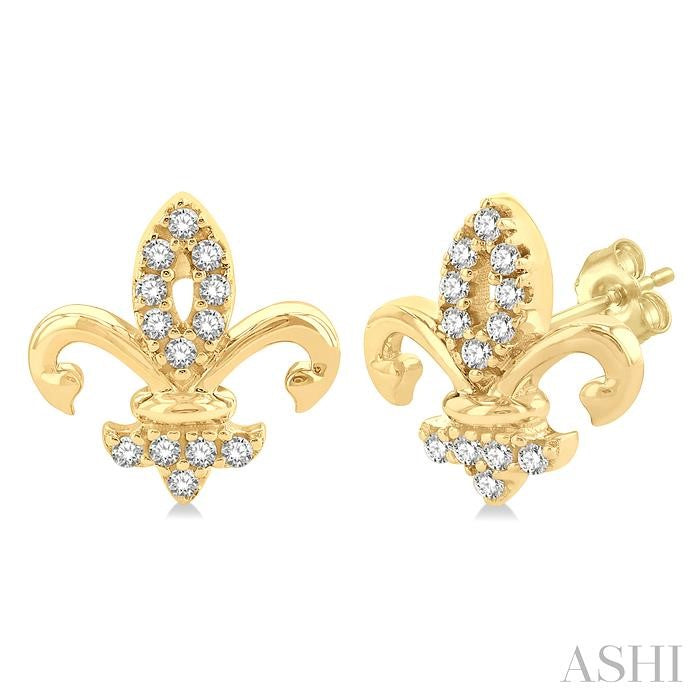 1/8 Ctw Petite Fleur De Lis Round Cut Diamond Fashion Stud Earring in 10K Yellow Gold