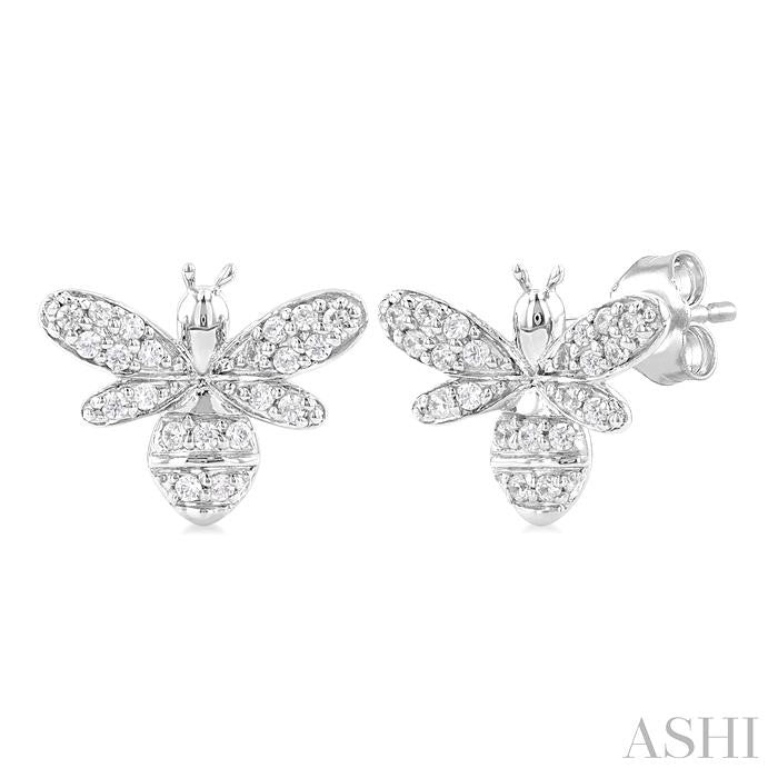 1/8 Ctw Petite Bumble Bee Round Cut Diamond Fashion Stud Earring in 10K White Gold