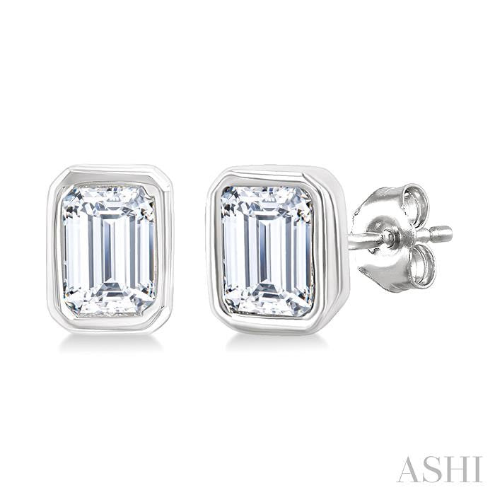 1/5 Ctw Petite Bezel Set Emerald Cut Diamond Fashion Stud Earring in 10K White Gold