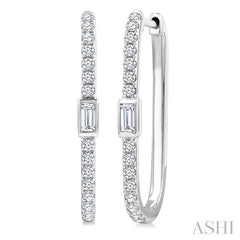 3/8 Ctw Rectangular Shape Baguette and Round Cut Diamond Fashion Hoop Earrings in 14K White Gold