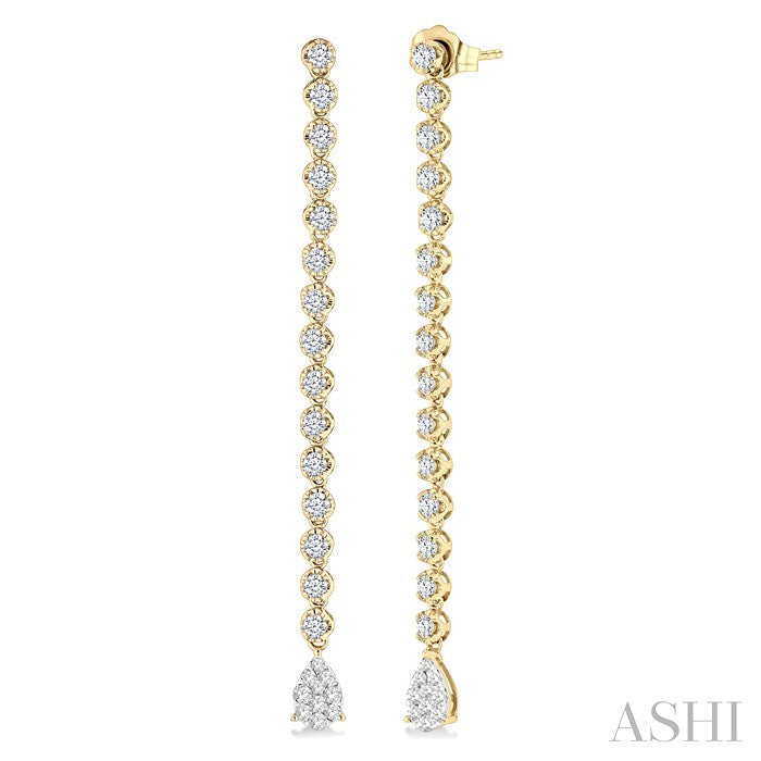 1 1/4 Ctw Lovebright Pear Shape Dangle Tip Round Cut Diamond Fashion Long Earrings in 14K Yellow and White Gold