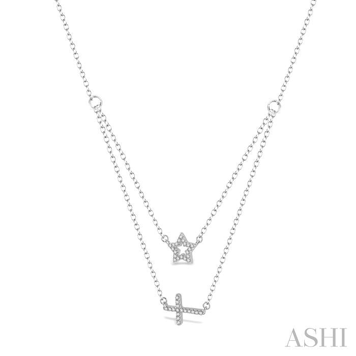 1/6 Ctw Star & Cross Charm Round Cut Diamond Layered Necklace With Link Chain in 10K White Gold