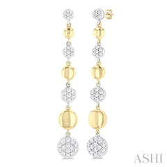 1/2 Ctw Two-Toned Puffed Circular Link Round Cut Diamond Fashion Long Earring in 14K Yellow and White Gold