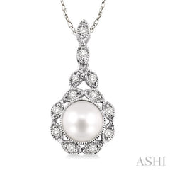 6.5 MM Cultured Pearl and 1/10 Ctw Round Cut Diamond Pendant in 14K White Gold with Chain