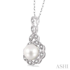 6.5 MM Cultured Pearl and 1/10 Ctw Round Cut Diamond Pendant in 14K White Gold with Chain