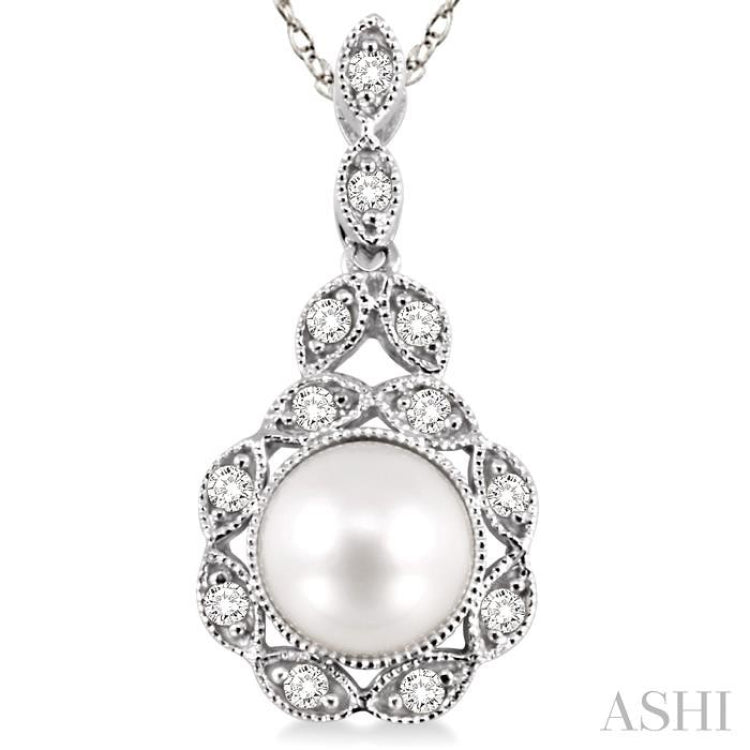 6.5 MM Cultured Pearl and 1/10 Ctw Round Cut Diamond Pendant in 14K White Gold with Chain
